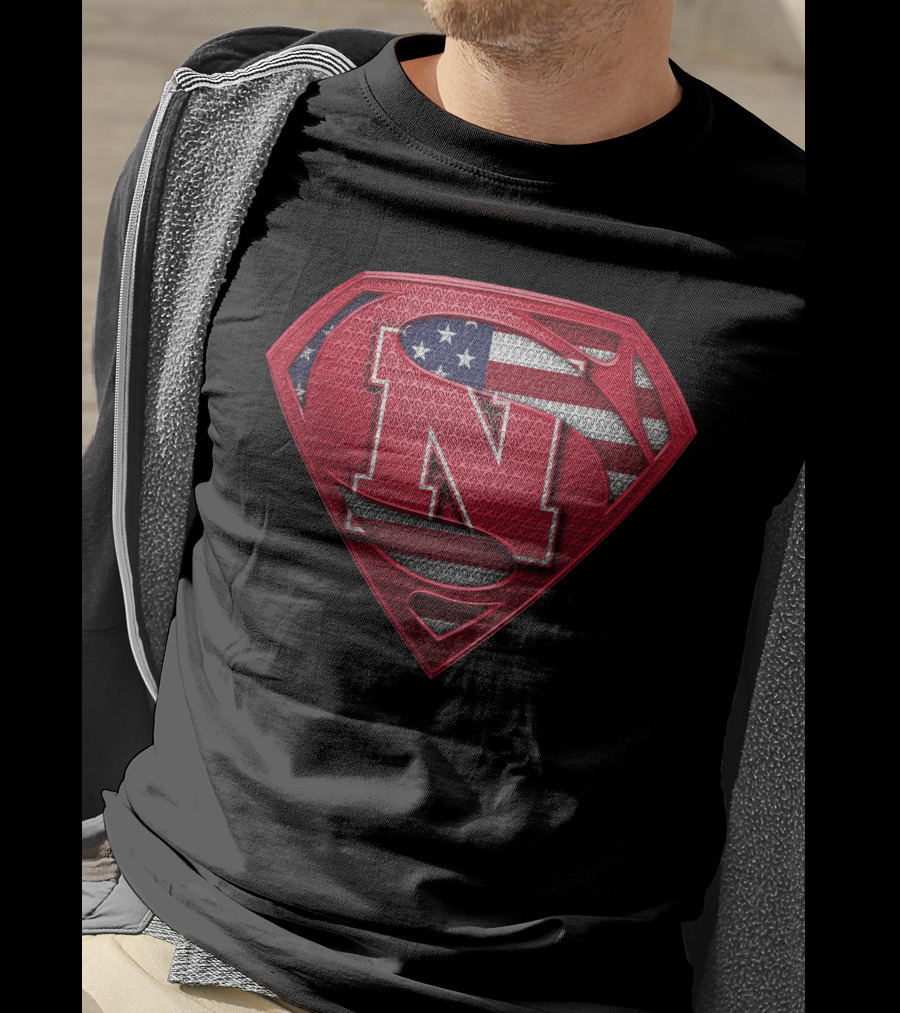 Superman Logo Style Nebraska Cornhuskers With American Flag Theme T-Shirt