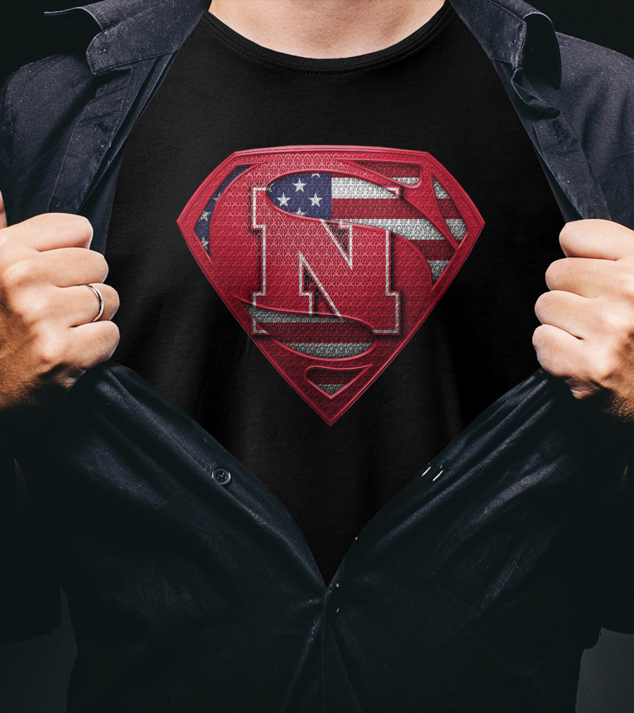 Superman Logo Style Nebraska Cornhuskers With American Flag Theme T-Shirt