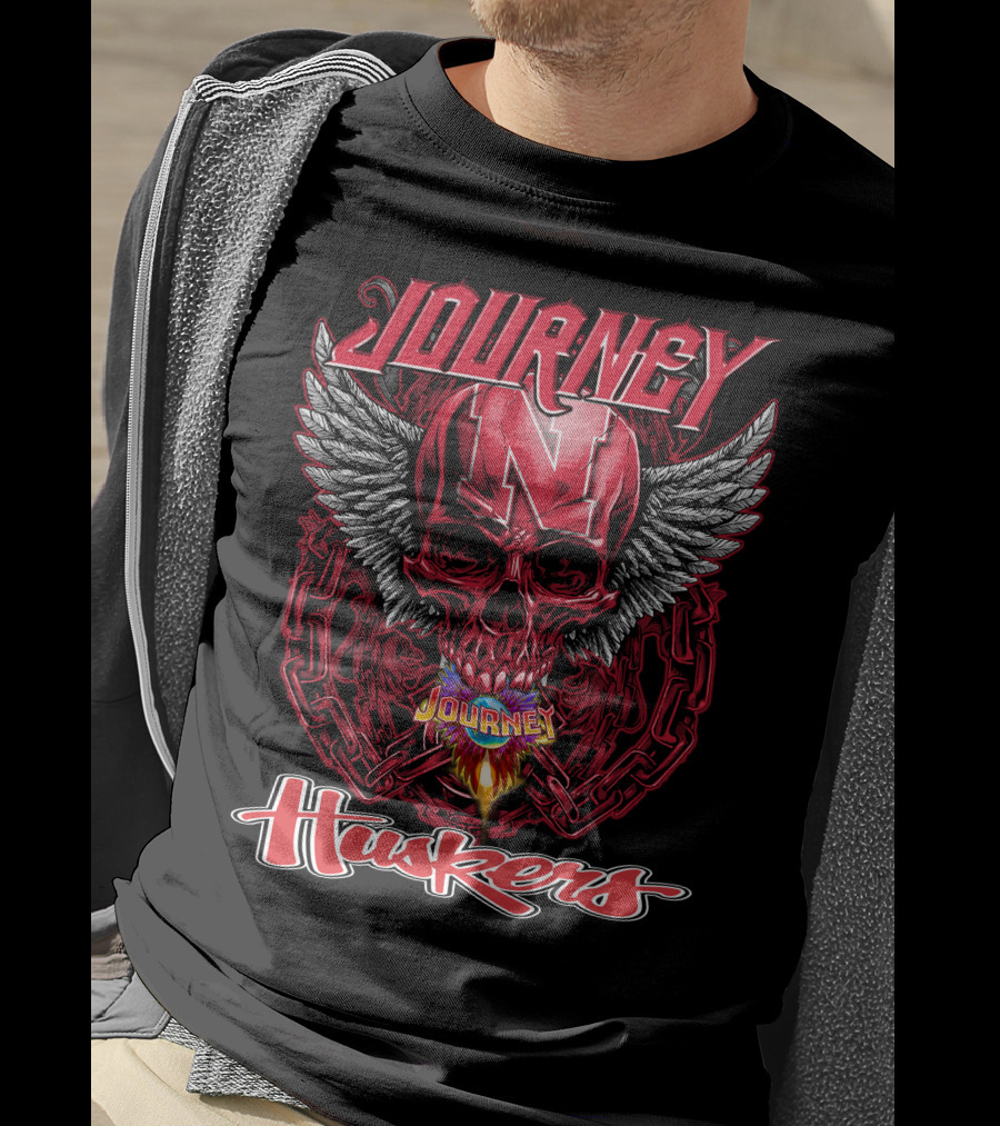 Journey Nebraska Cornhuskers Huskers Skull Winged Flame T-Shirt