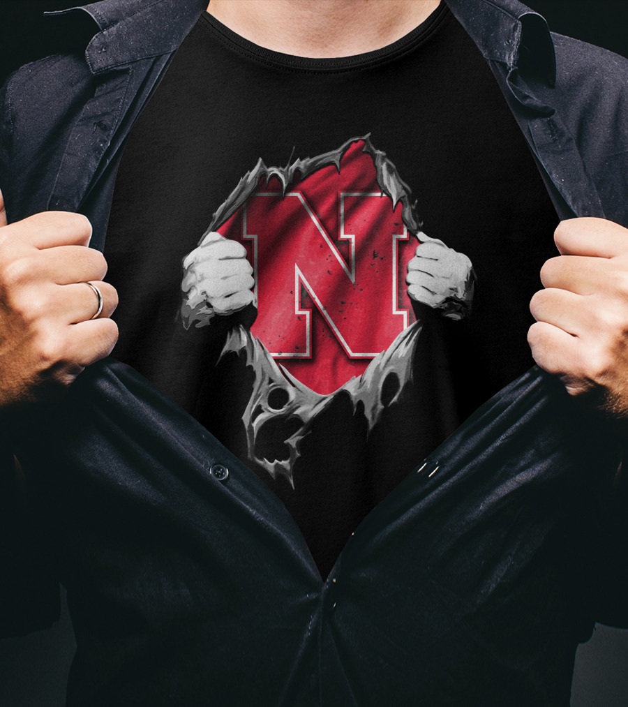 Torn Nebraska Huskers Bold N Emblem Peeking Through Ripped T-Shirt