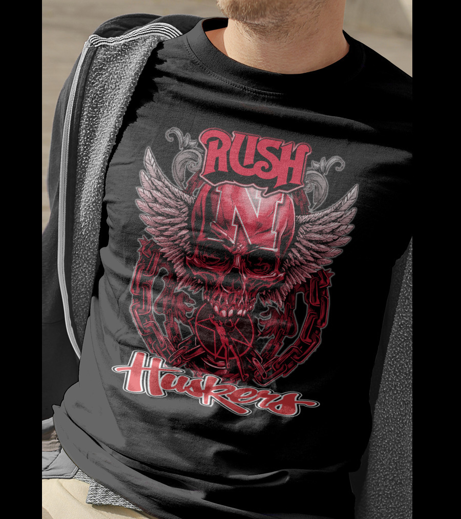 RUSH Nebraska Huskers Winged Skull Chain T-Shirt