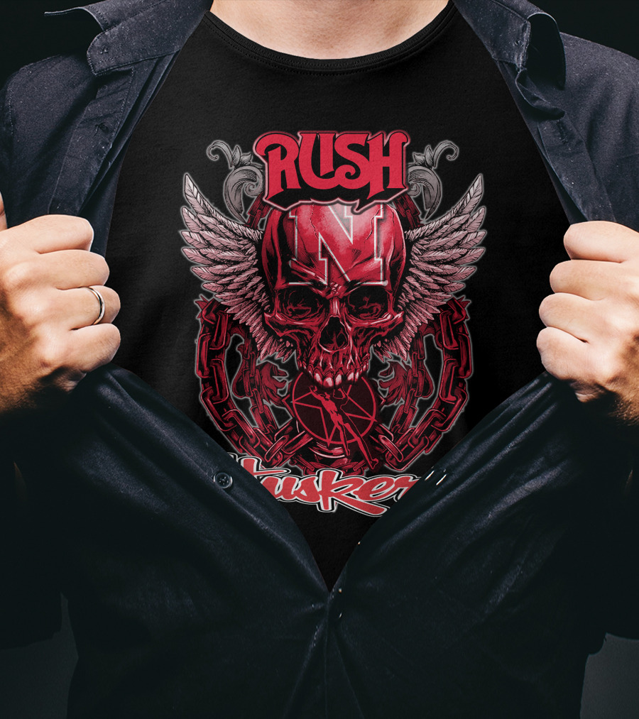 RUSH Nebraska Huskers Winged Skull Chain T-Shirt