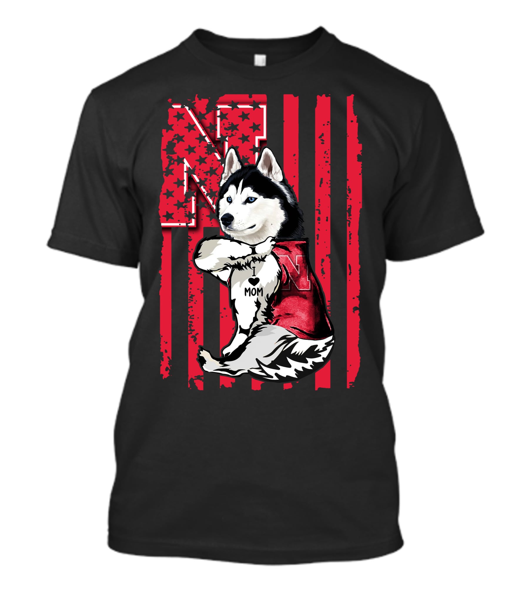 Siberian Husky Nebraska Cornhuskers I Love Mom American Flag T-Shirt