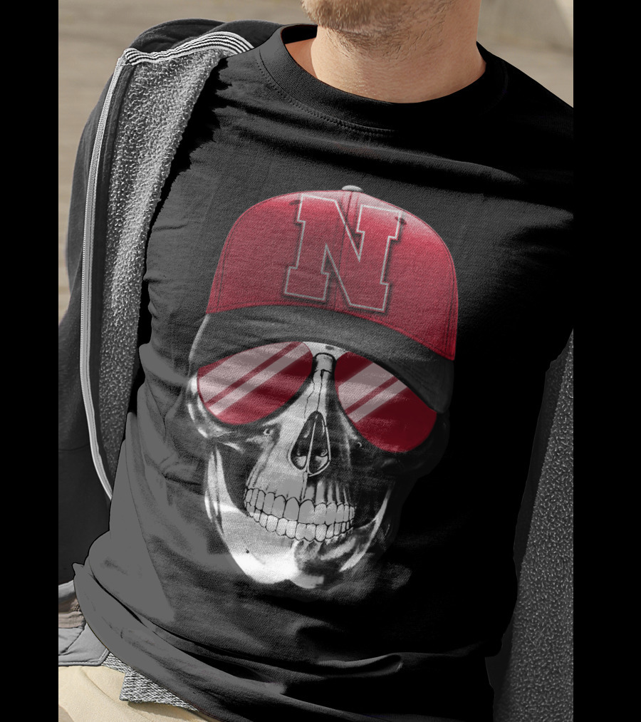 Skull Wearing Nebraska Cornhuskers Red N Cap With Sunglasses T-Shirt