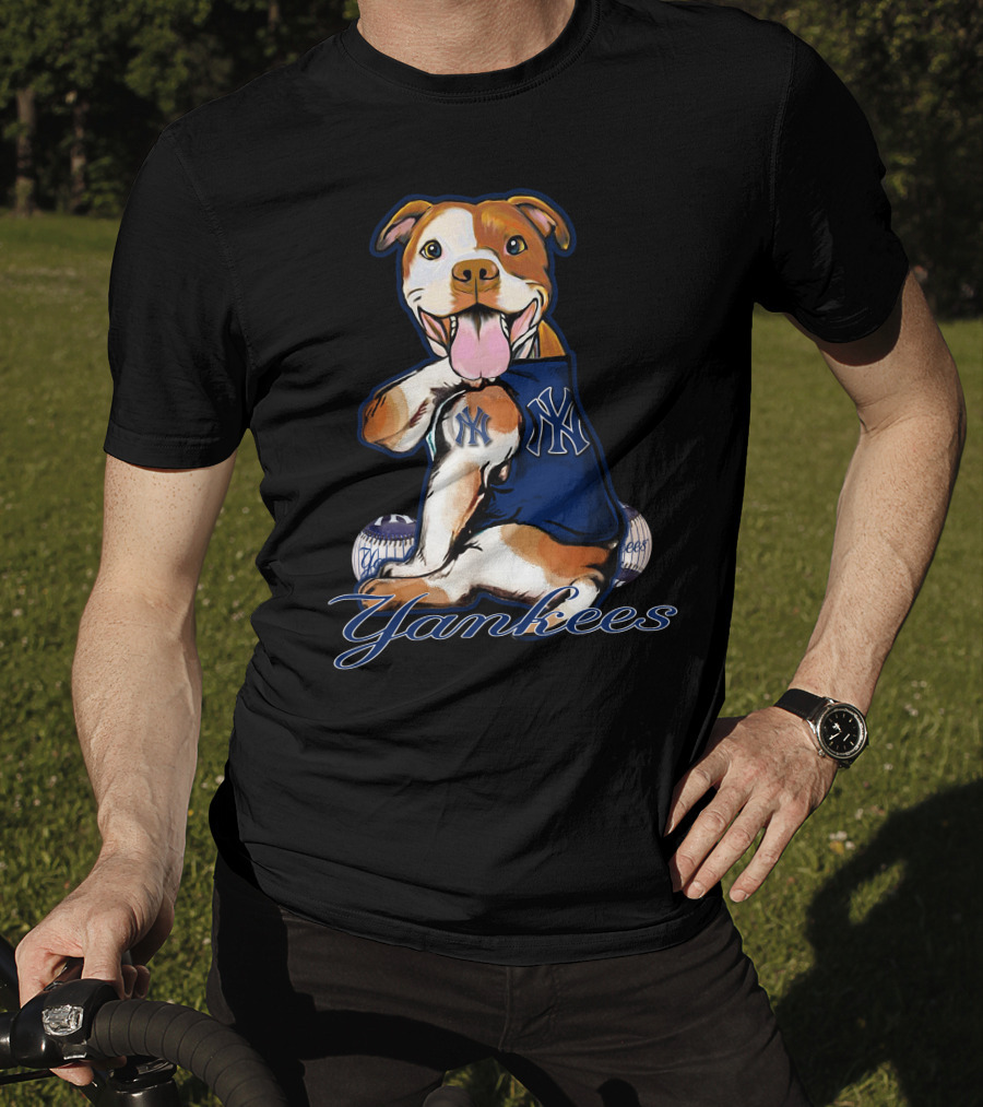 Pittbull Yankees Dog With New York Yankees Baseball Elements T-Shirt