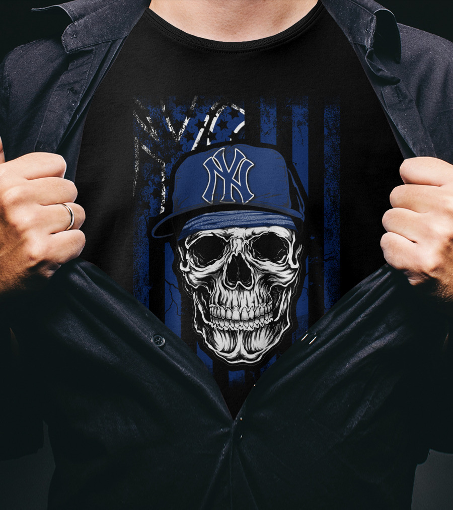 Skull Wearing New York Yankees Cap With Blue T-Shirt