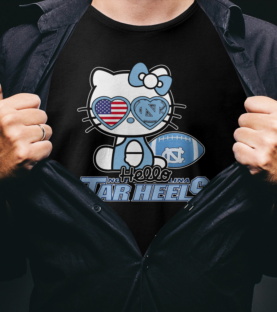 Hello Kitty North Carolina Tar Heels Football American Flag Heart T-Shirt