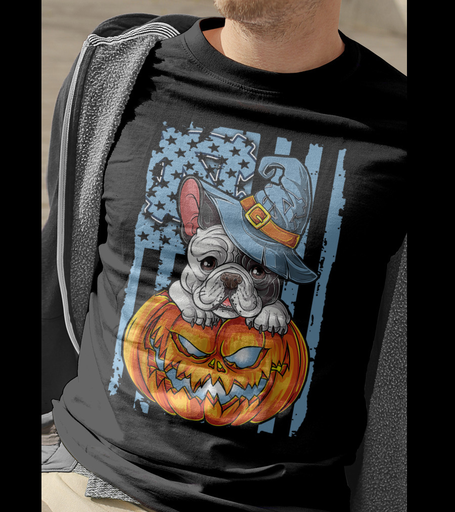 Bulldog With Witch Hat On Jack-o'-Lantern North Carolina Tar Heels Halloween T-Shirt
