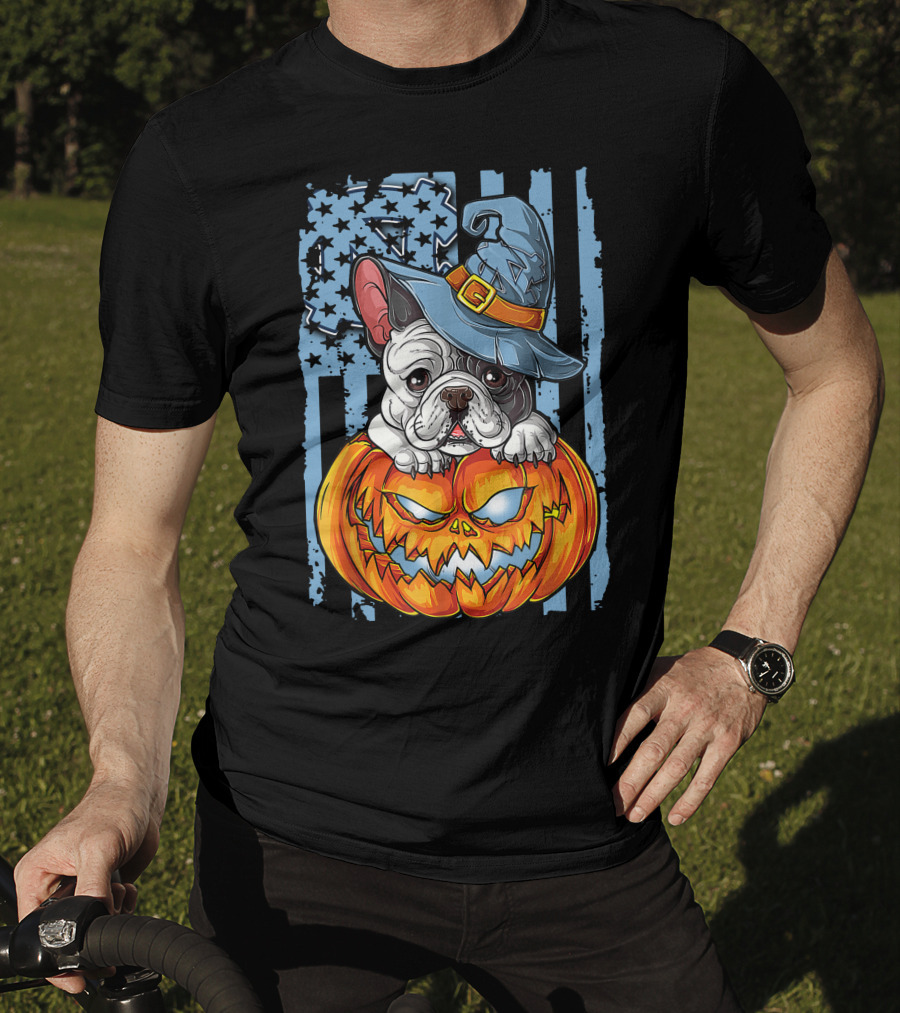 Bulldog With Witch Hat On Jack-o'-Lantern North Carolina Tar Heels Halloween T-Shirt