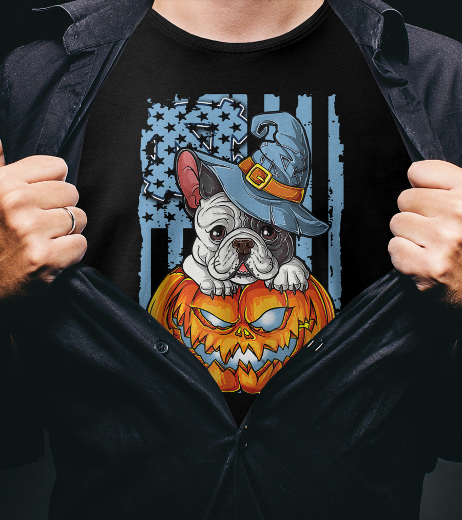 Bulldog With Witch Hat On Jack-o'-Lantern North Carolina Tar Heels Halloween T-Shirt
