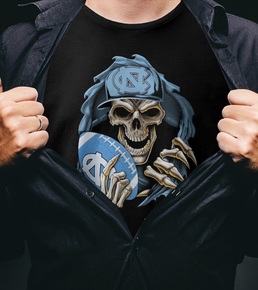 Skullbong North Carolina Tar Heels Skeleton Football Fan With Cap And Ball T-Shirt