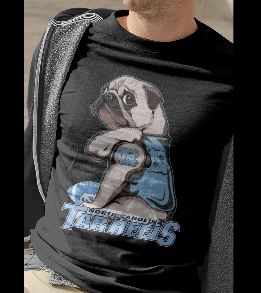 Pug Wearing North Carolina Tar Heels Sports Jersey With Football T-Shirt