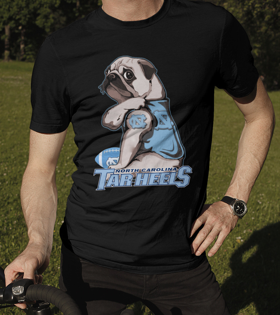 Pug Wearing North Carolina Tar Heels Sports Jersey With Football T-Shirt
