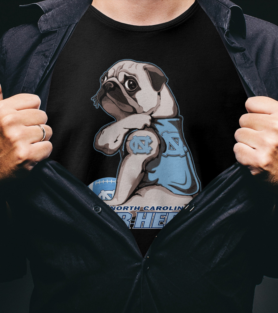Pug Wearing North Carolina Tar Heels Sports Jersey With Football T-Shirt