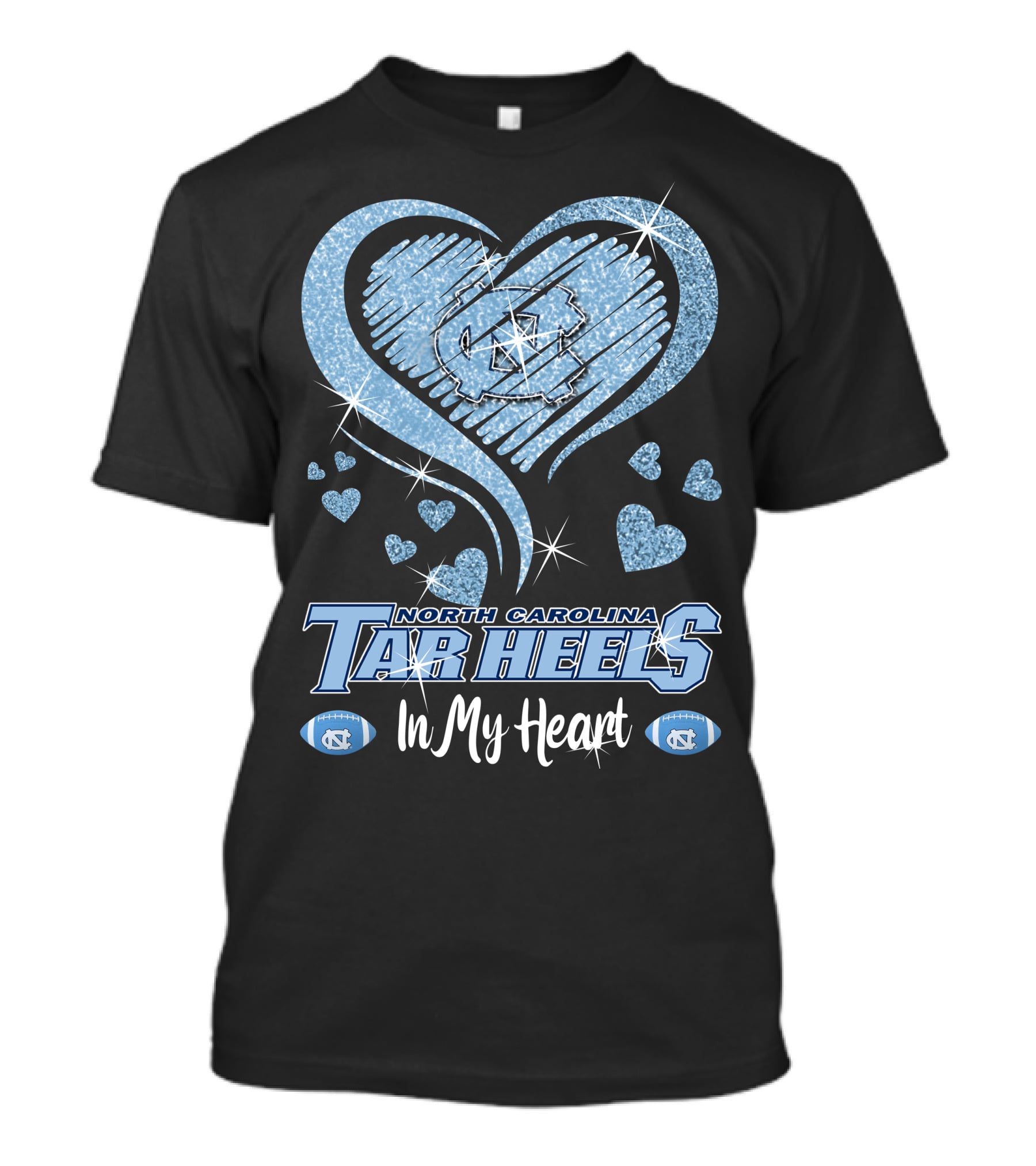North Carolina Tar Heels In My Heart Sparkling Logo And Footballs T-Shirt