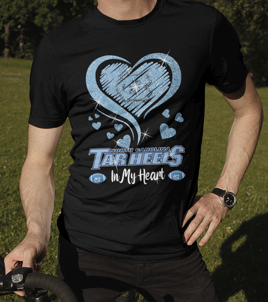 North Carolina Tar Heels In My Heart Sparkling Logo And Footballs T-Shirt
