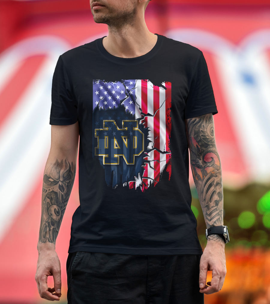 American Flag with Notre Dame ND Monogram Fighting Irish T-Shirt