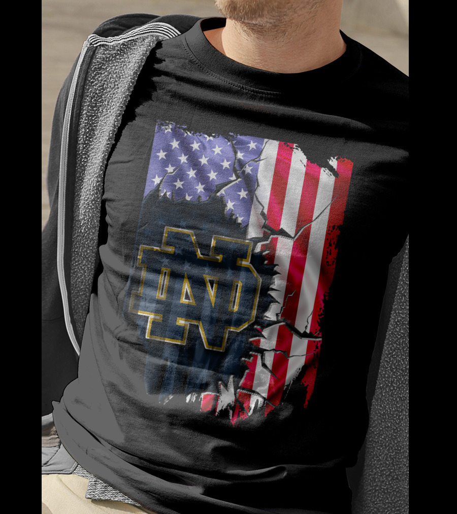 American Flag With Notre Dame ND Monogram Fighting Irish T-Shirt