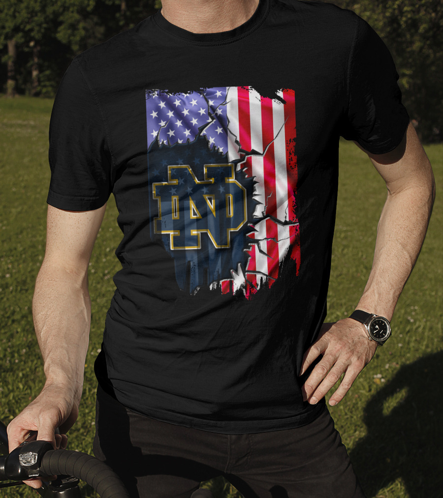 American Flag With Notre Dame ND Monogram Fighting Irish T-Shirt