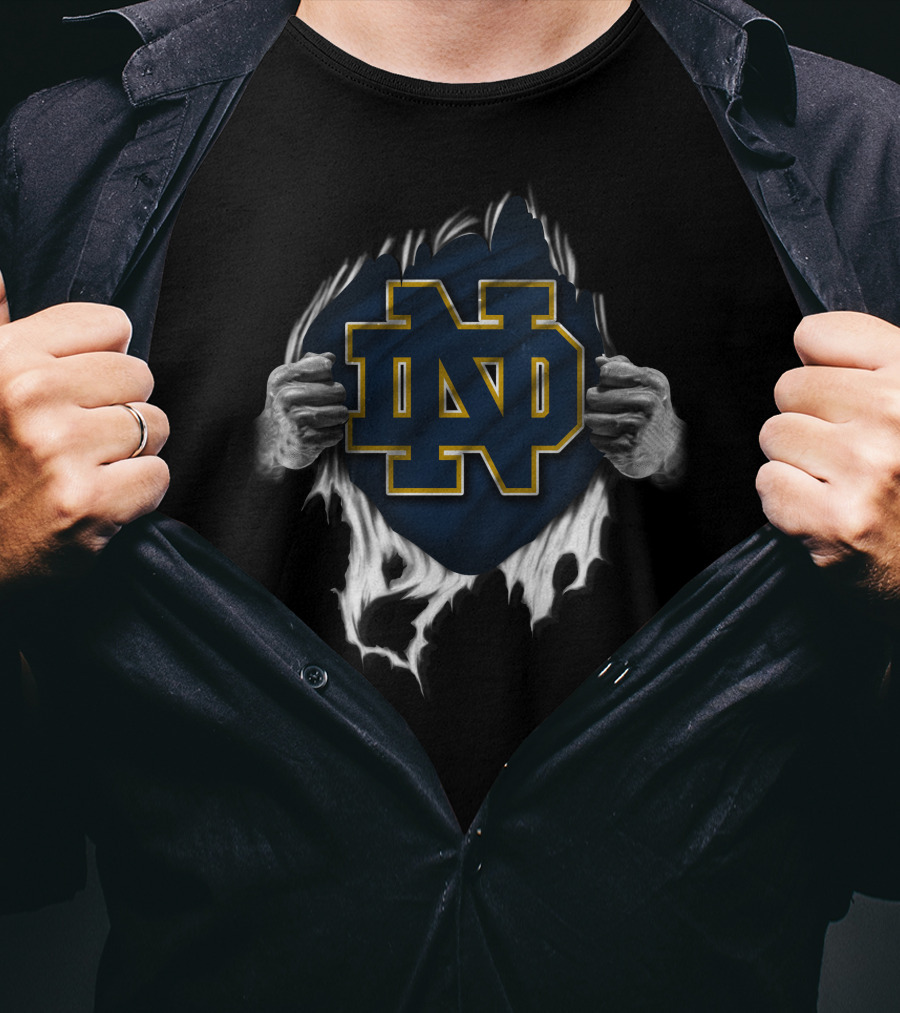 Torn Notre Dame Fighting Irish ND Logo Peeking Through Ripped Fabric With Hands T-Shirt