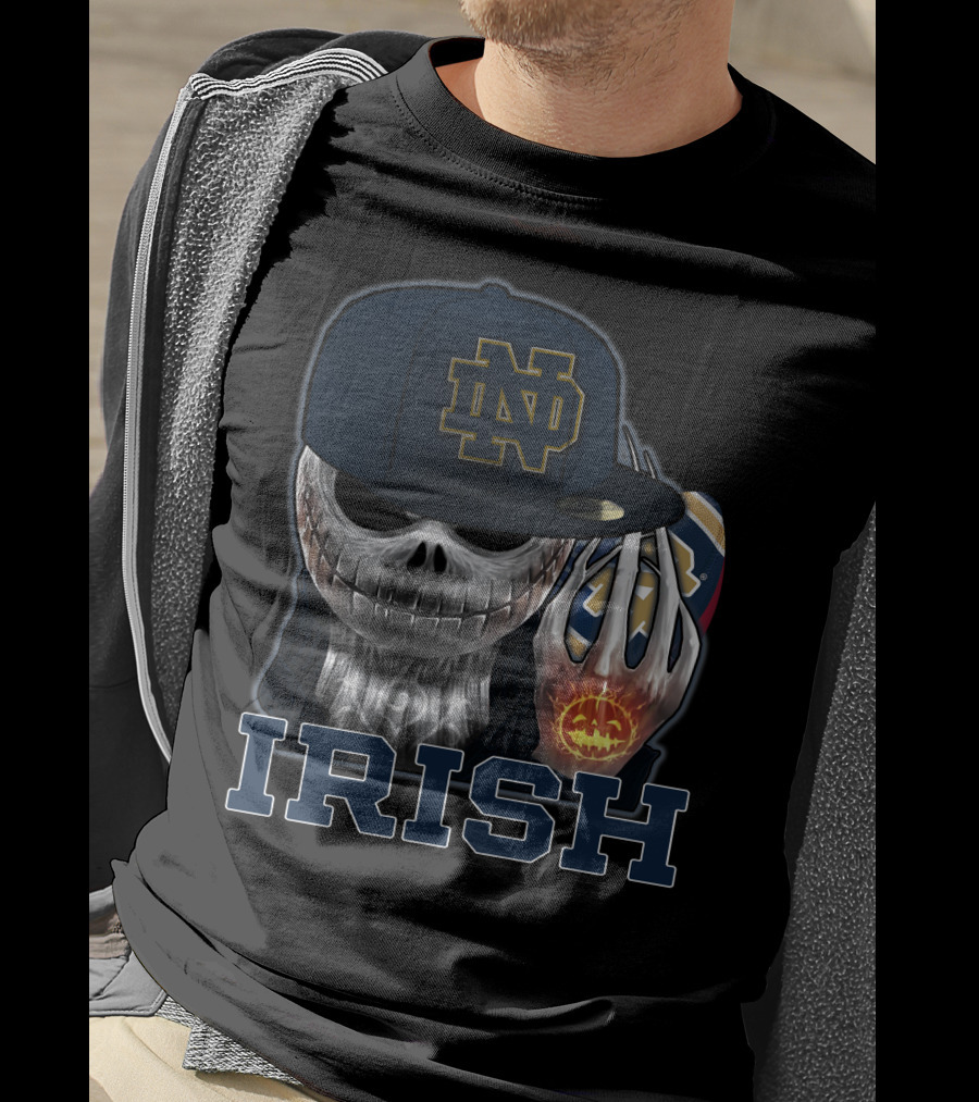 Notre Dame ND Irish Jackskull Pumpkin Football T-Shirt