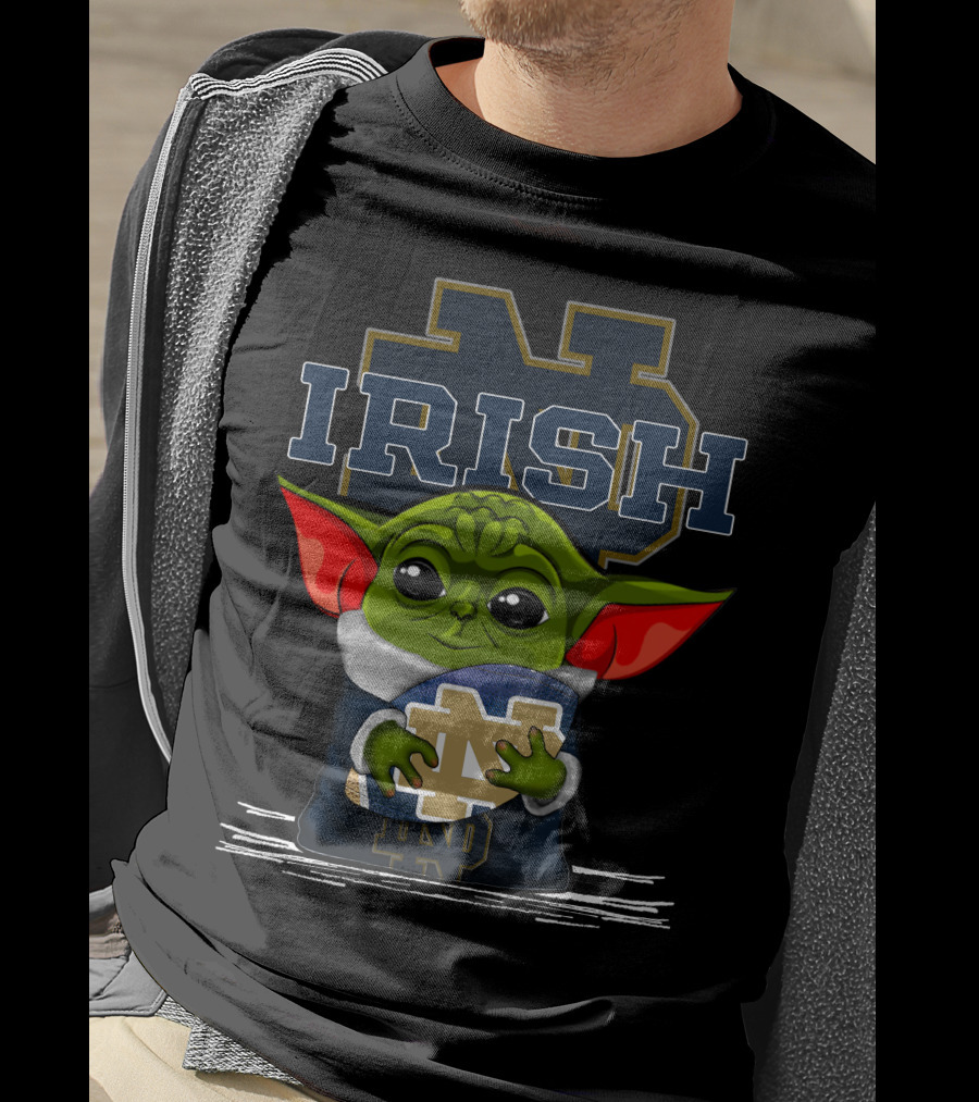 Yoda Notre Dame Irish Baby Holding Notre Dame Football T-Shirt