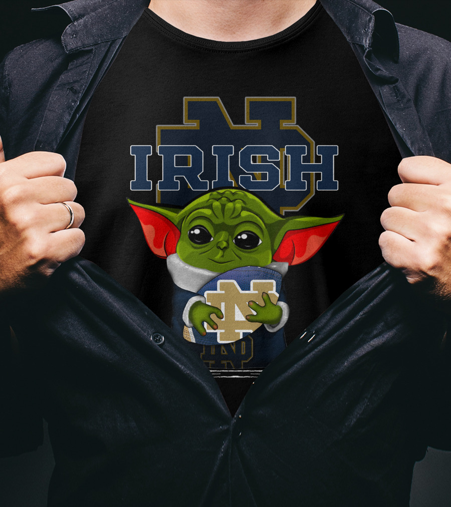 Yoda Notre Dame Irish Baby Holding Notre Dame Football T-Shirt