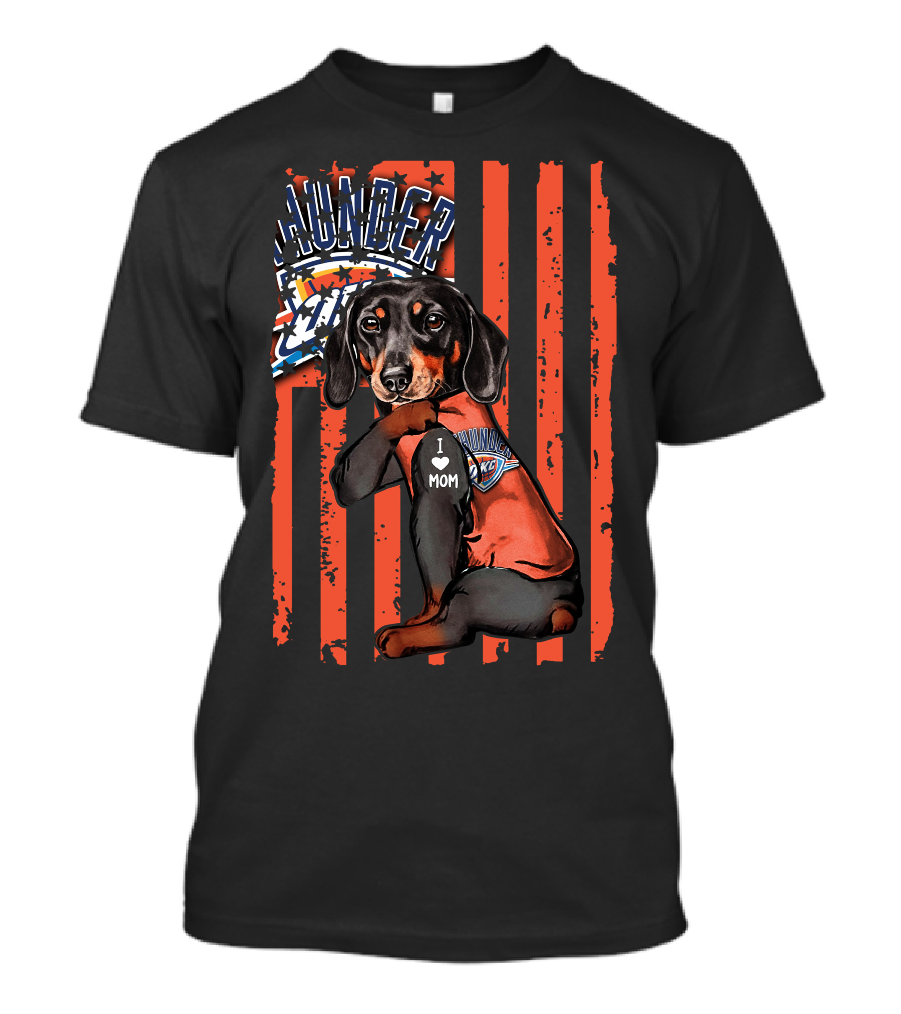 Dachshund Wearing Oklahoma City Thunder Shirt With I Love Mom Tag T-Shirt
