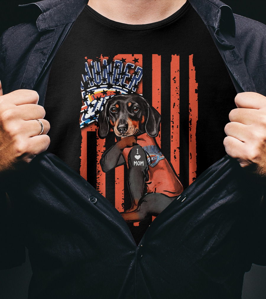 Dachshund Wearing Oklahoma City Thunder Shirt With I Love Mom Tag T-Shirt