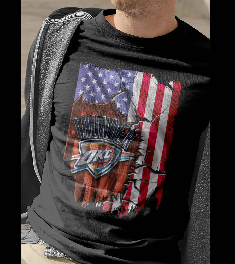 USA Flag Rip With Oklahoma City Thunder OKC Basketball T-Shirt