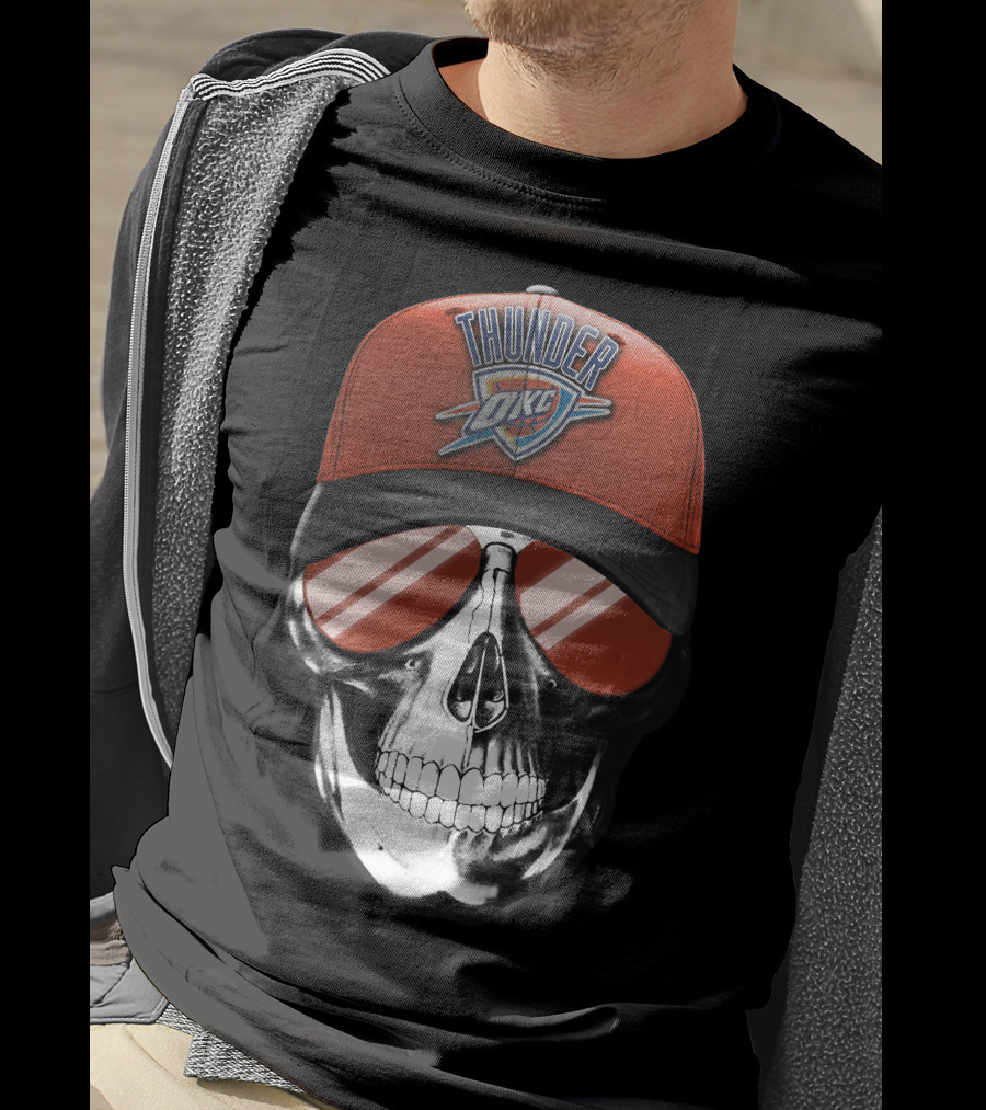 Skull With Oklahoma City Thunder Cap And Sunglasses T-Shirt