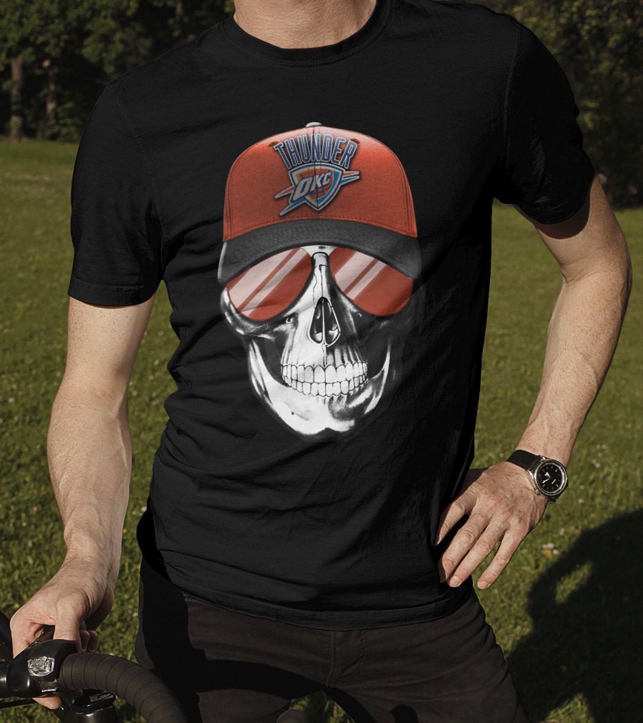 Skull With Oklahoma City Thunder Cap And Sunglasses T-Shirt
