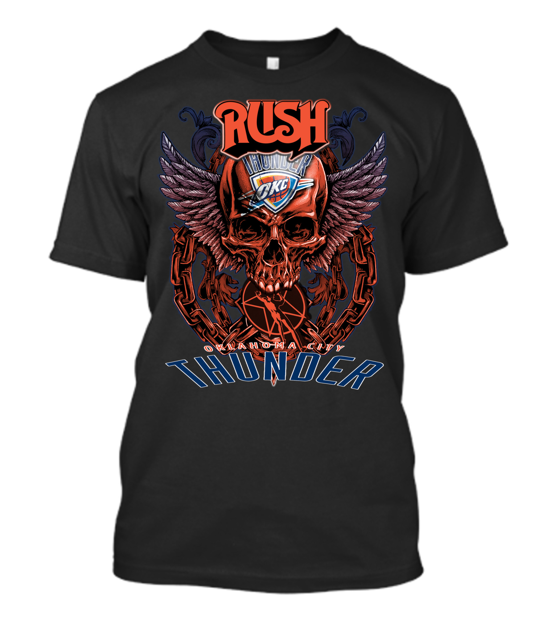 Rush Oklahoma City Thunder OKC Basketball Skull Wings Chain T-Shirt