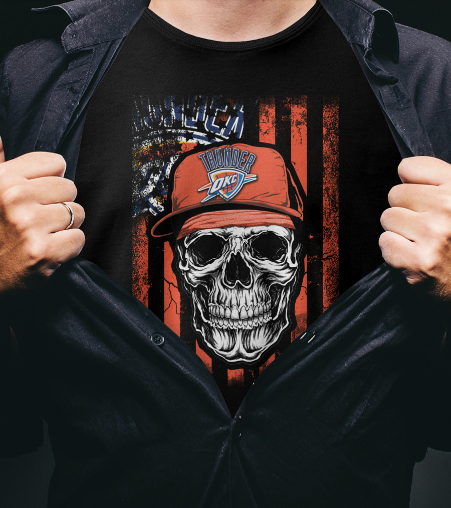 Skull Wearing Oklahoma City Thunder Cap With OKC Logo On T-Shirt