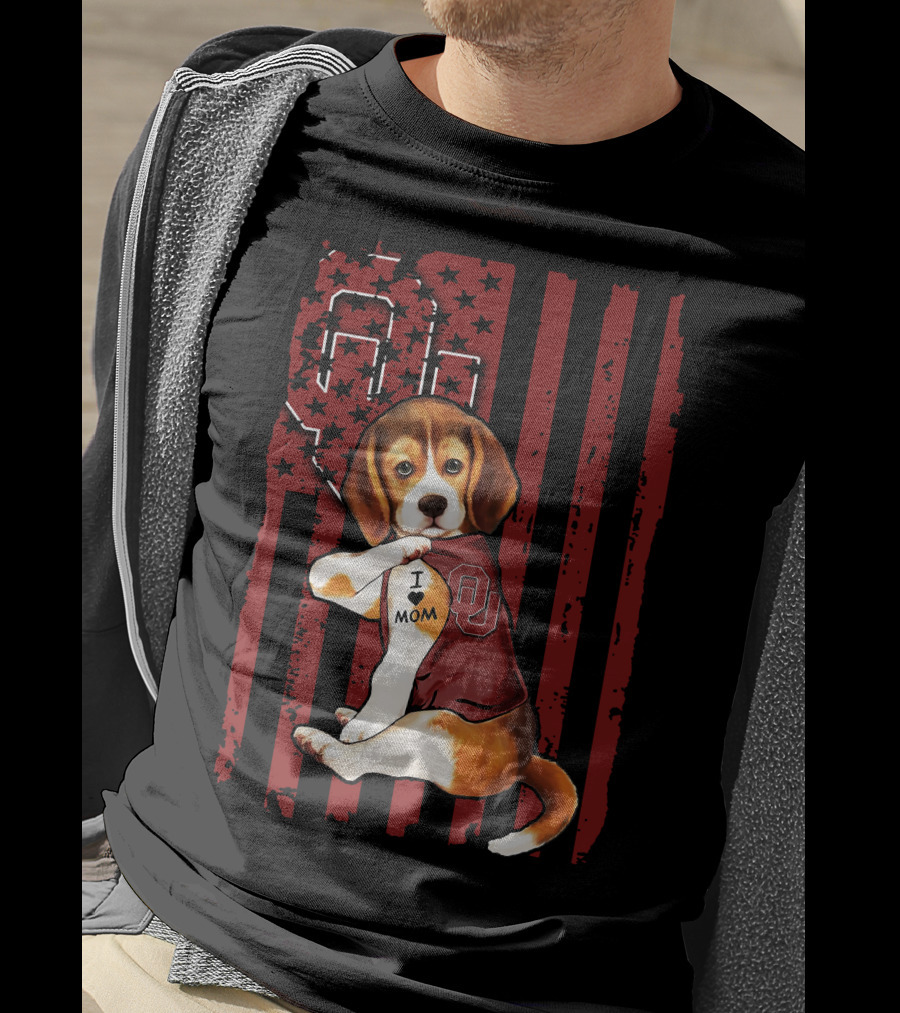 Beagle Puppy I Love Mom Oklahoma Sooners OU Red Stripes Stars T-Shirt