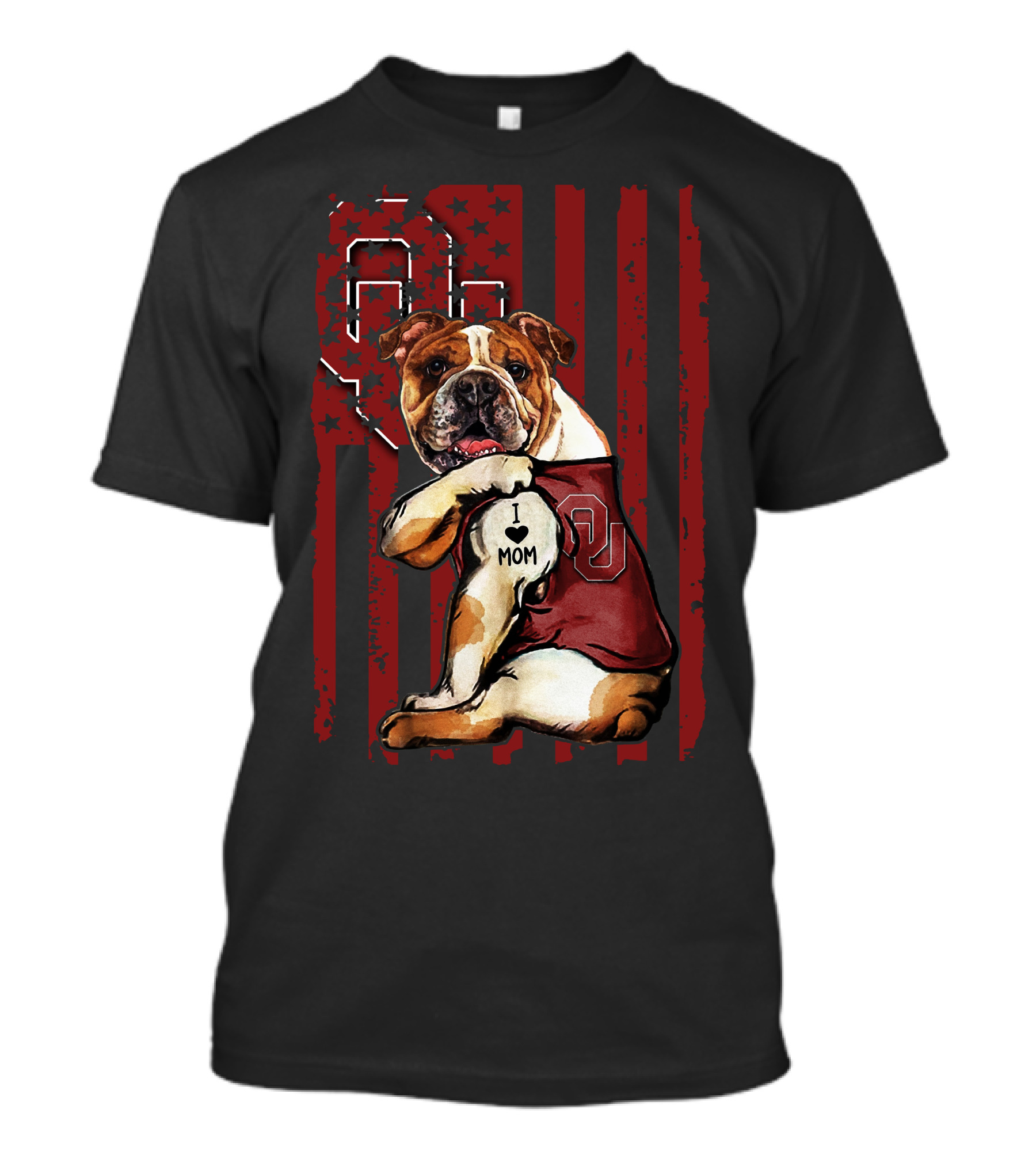 Bulldog With Oklahoma Sooners Love For Mom In American Flag T-Shirt