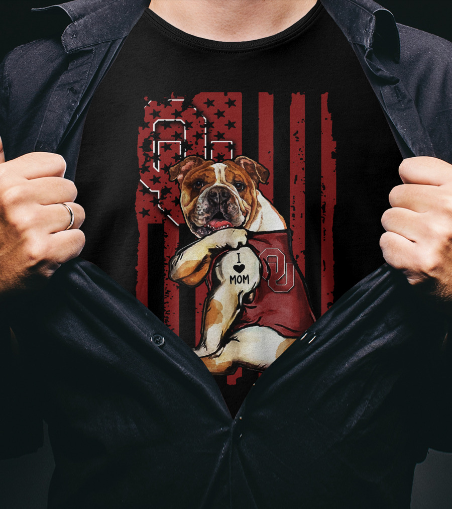 Bulldog With Oklahoma Sooners Love For Mom In American Flag T-Shirt