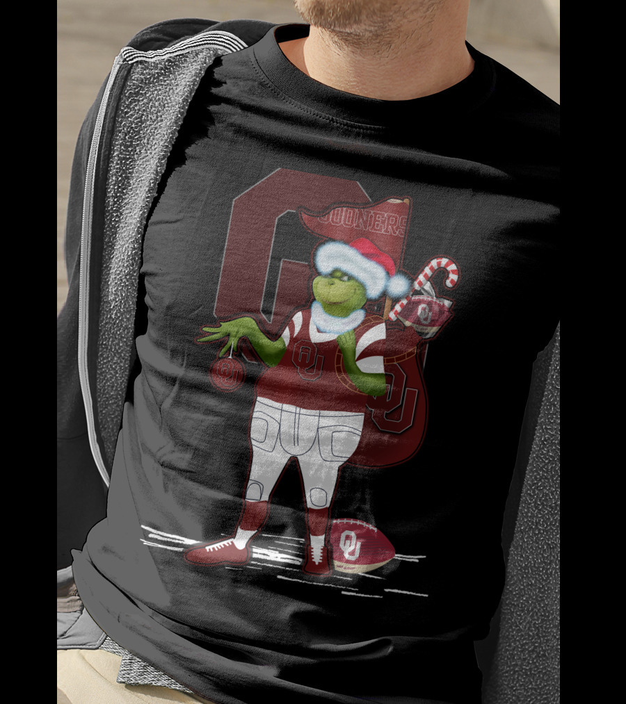 Grinchxmas Oklahoma Sooners Santa Football Sack T-Shirt