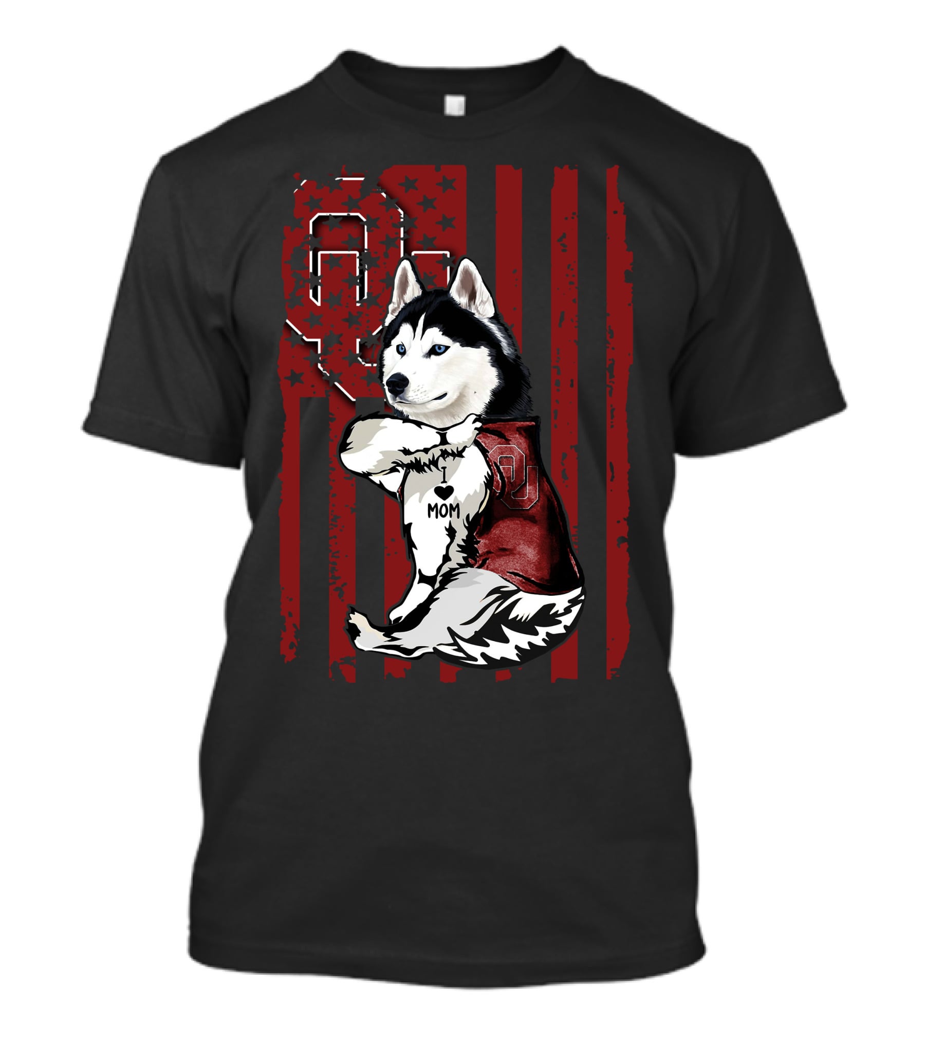 Siberian Husky Oklahoma Sooners Mom With American Flag And OU T-Shirt