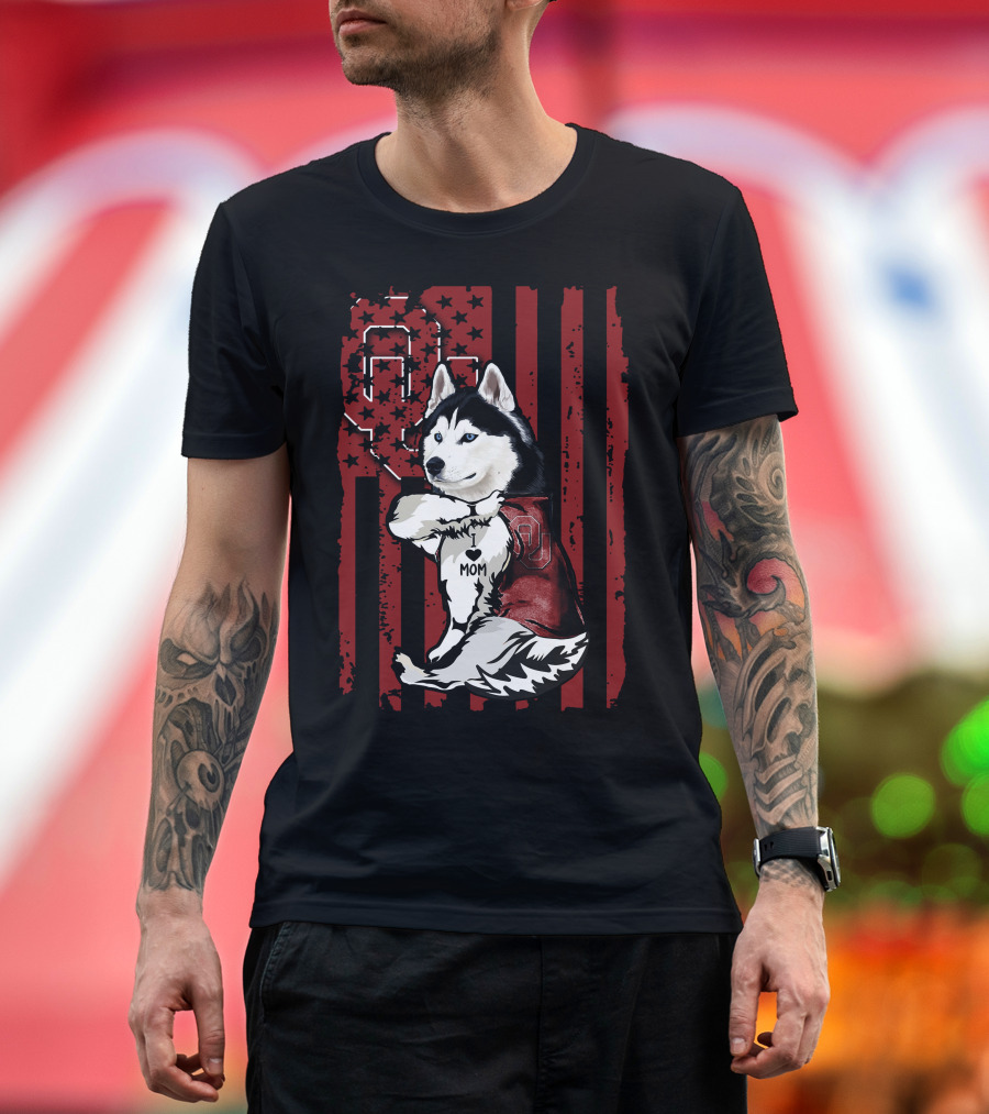 Siberian Husky Oklahoma Sooners Mom with American Flag and OU T-Shirt