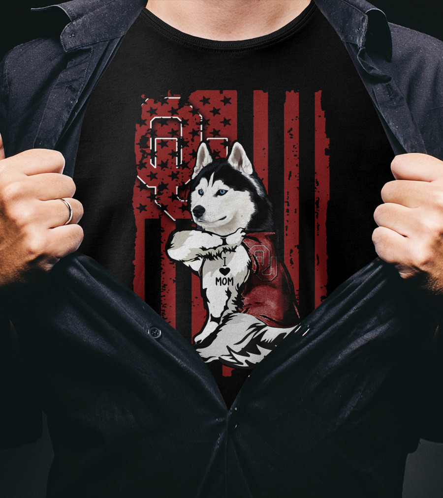 Siberian Husky Oklahoma Sooners Mom With American Flag And OU T-Shirt