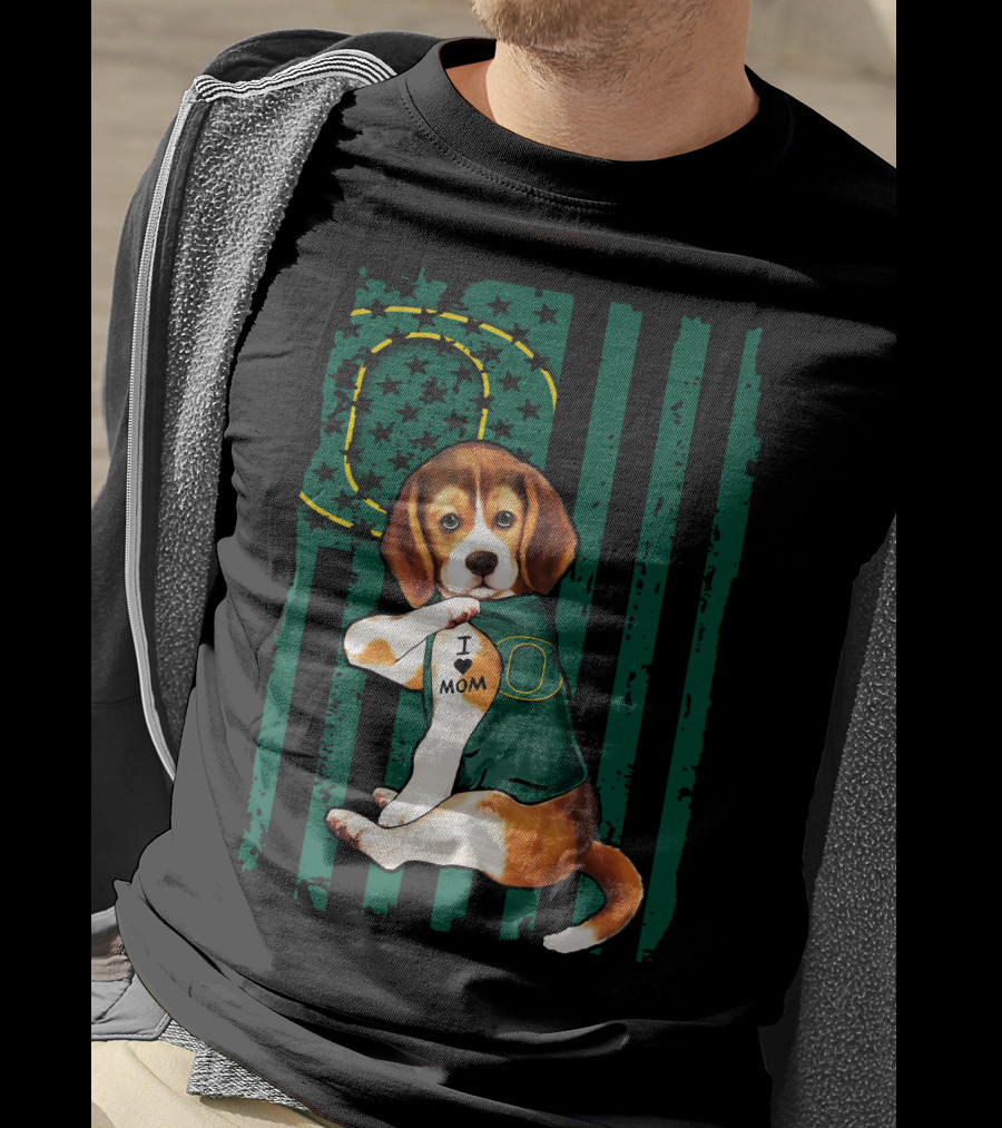 Beagle I Love Mom Oregon Ducks American Flag T-Shirt