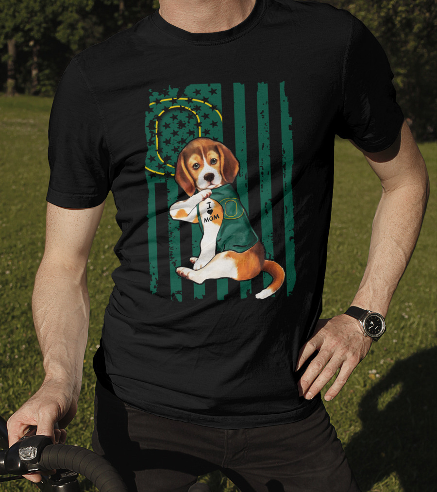 Beagle I Love Mom Oregon Ducks American Flag T-Shirt