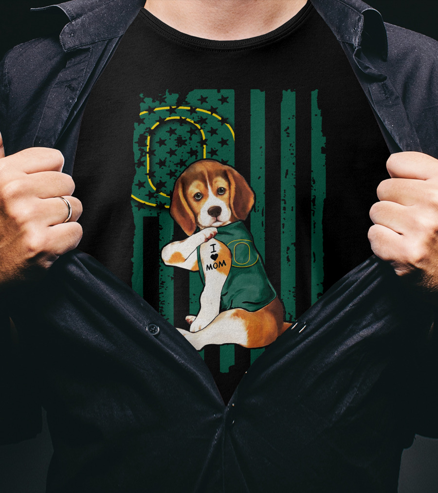 Beagle I Love Mom Oregon Ducks American Flag T-Shirt