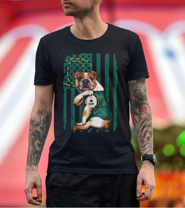 Premium T-Shirt: Bulldog I Love Mom Oregon Ducks Stars and Stripes Flag T-Shirt Bulldog I Love Mom Oregon Ducks Stars and Stripes Flag T-Shirt