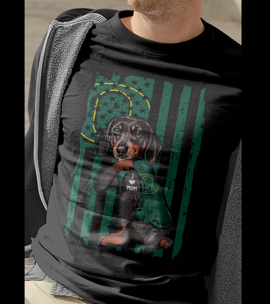 Dachshund I Love Mom Oregon Ducks American Flag T-Shirt