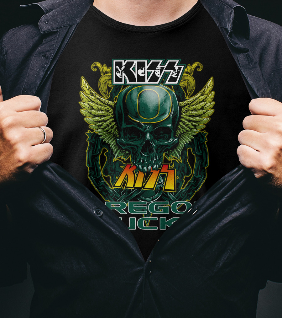 Kiss Oregon Ducks Skull Helmet Wings T-Shirt