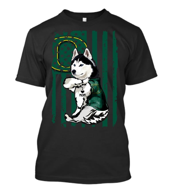 Siberian Husky Oregon Ducks I Love Mom Flag And Stars T-Shirt
