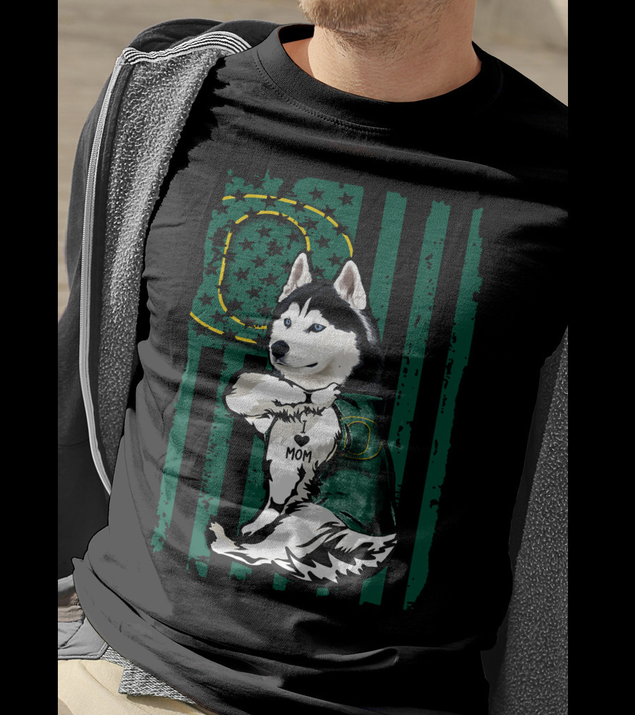 Siberian Husky Oregon Ducks I Love Mom Flag And Stars T-Shirt