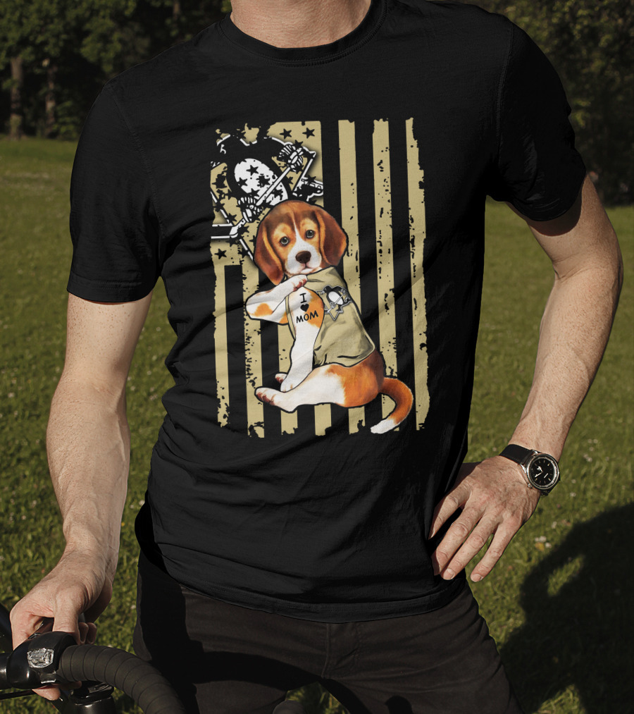 Beagle I Love Mom Pittsburgh Penguins American Flag T-Shirt